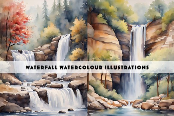 Waterfalls Watercolour Duo Illustrations: Natural Elegance for Your Projects
